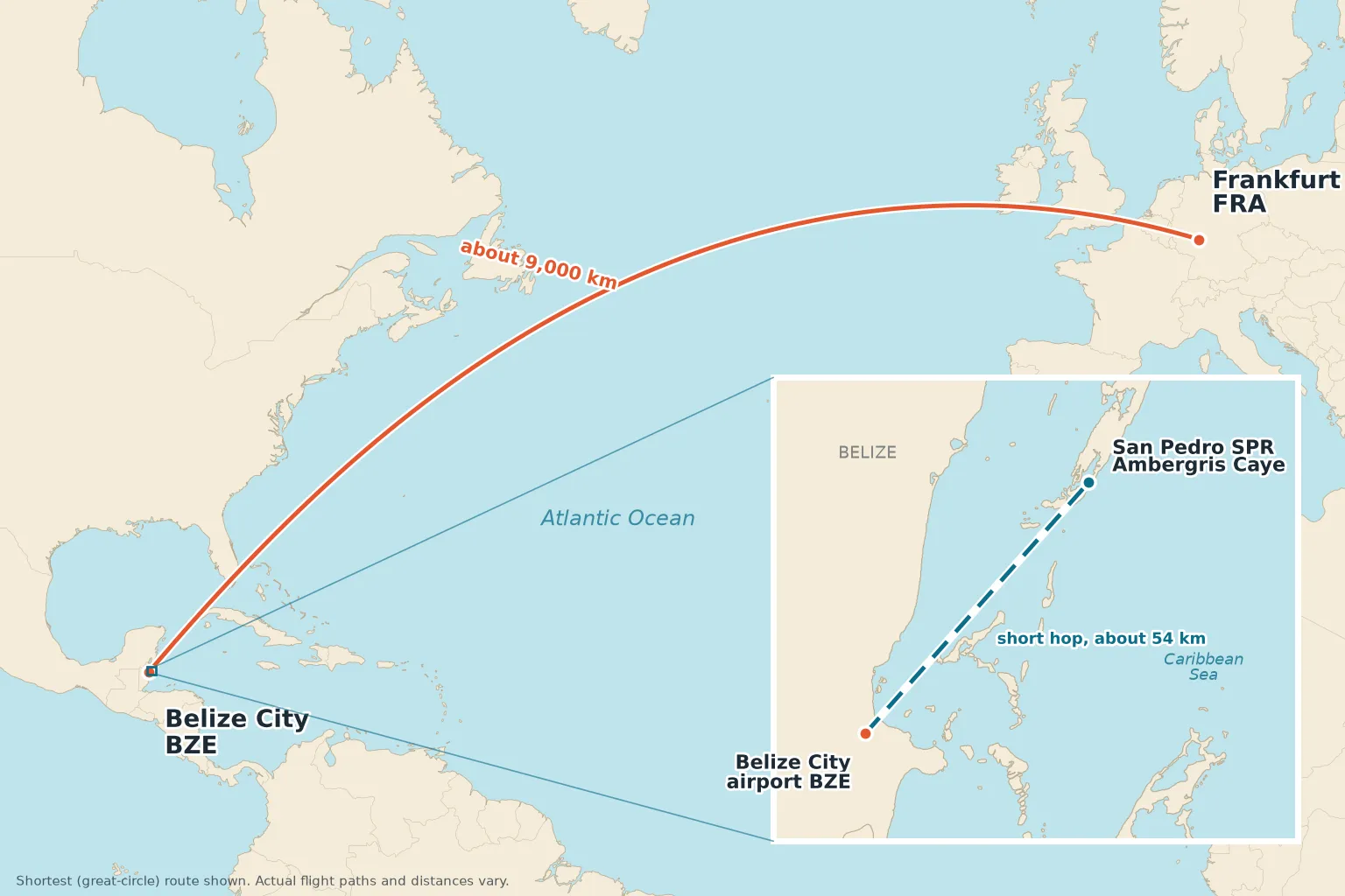 Map of the route from Frankfurt across the Atlantic to Belize City, then the short hop to San Pedro on Ambergris Caye